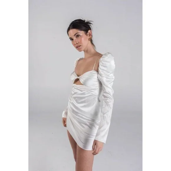 The Bar Twist Dress Ivory White Silk Puff Long Sleeve - Picture 2 of 8